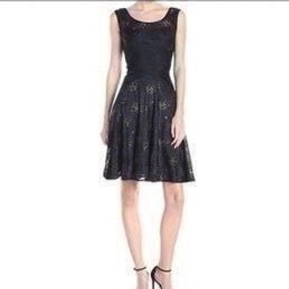 Vera Wang Navy‎ Blue Lace Gold Floral Fit and Flare Dress Size 10